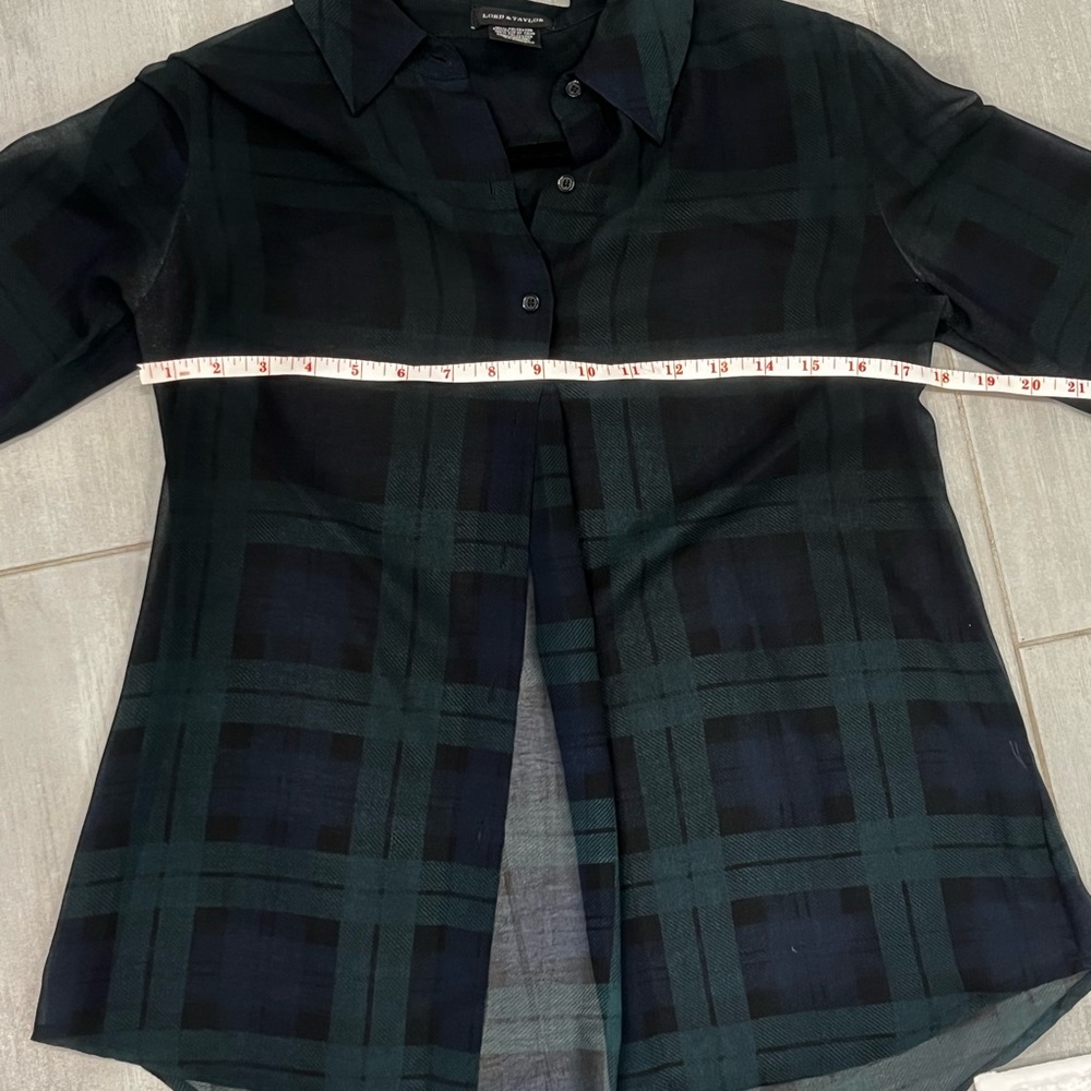 LORD & TAYLOR Sheer Plaid Green & Blue Blouse Top Women Sz Small Office - Picture 7 of 9